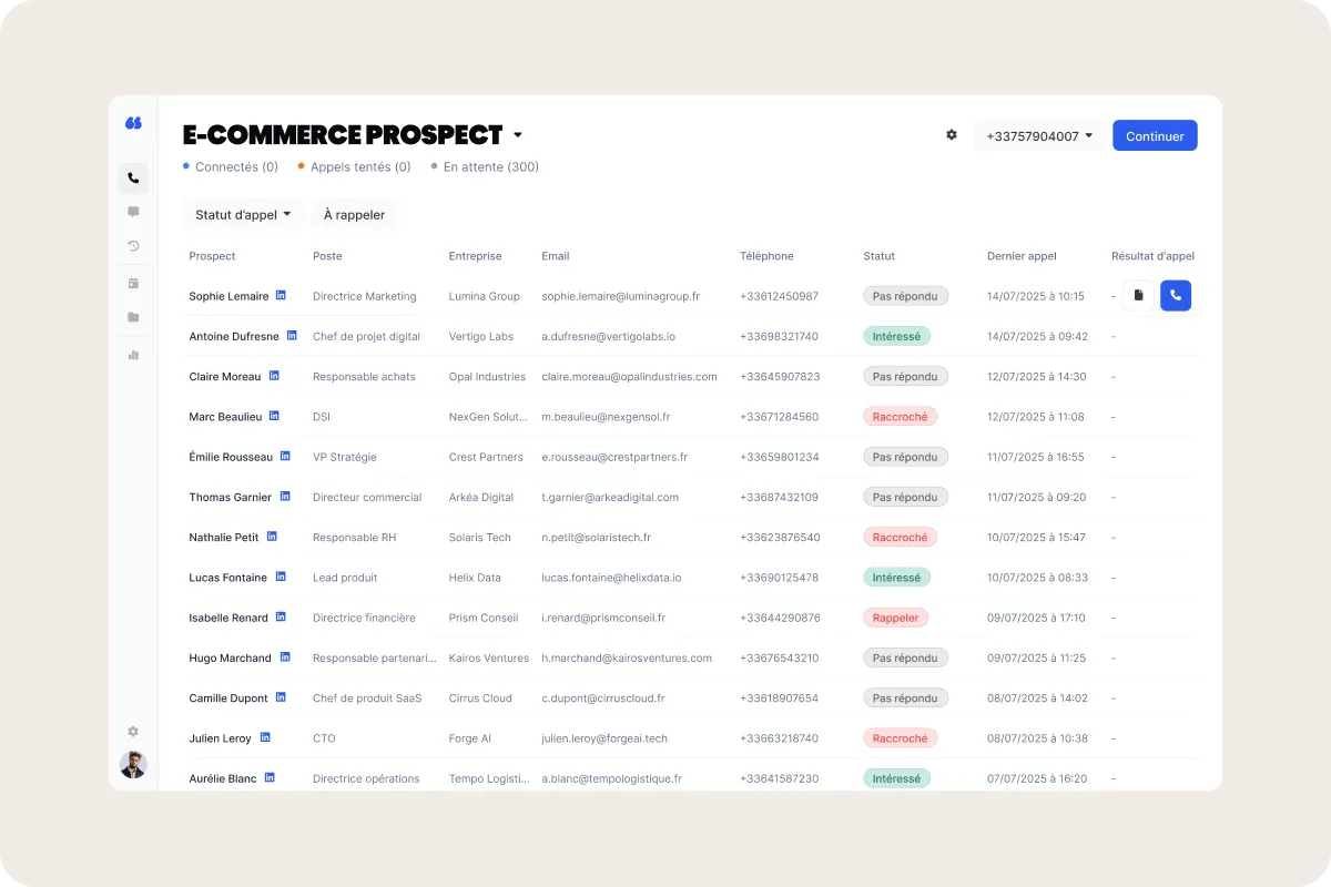 Liste de prospects d'une campagne d'appels dans Flunter
