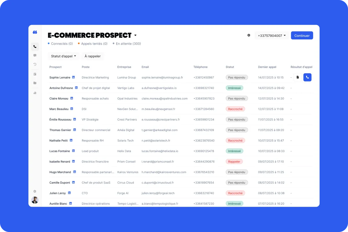 Liste de prospects d'une campagne d'appels dans Flunter