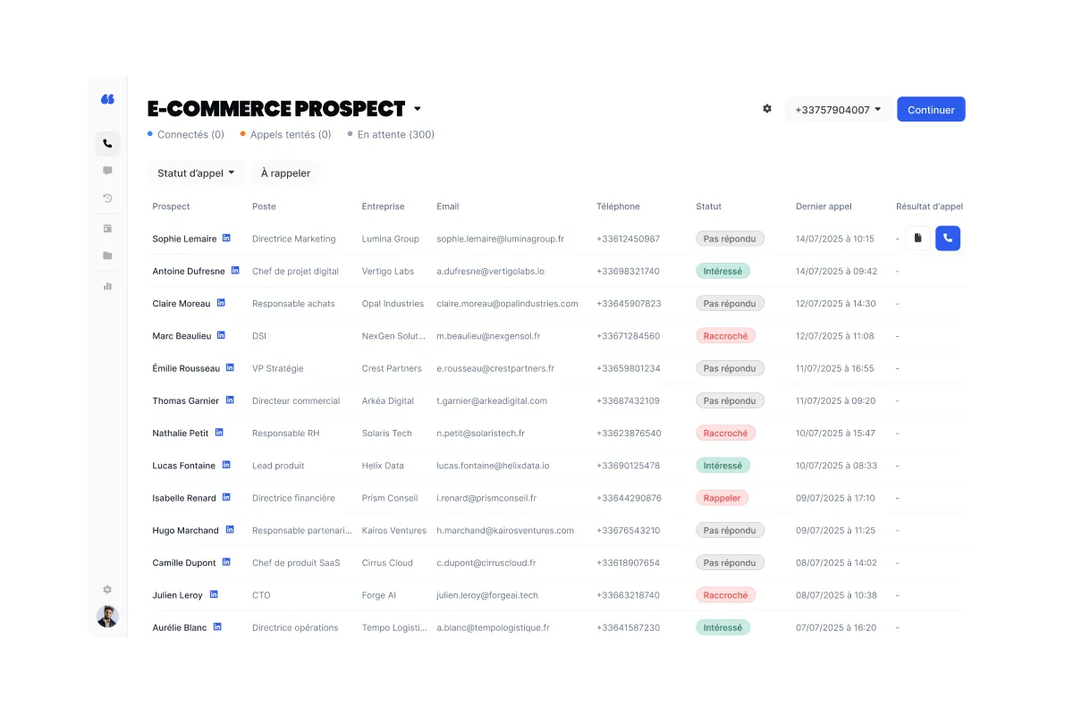 Liste de prospects d'une campagne d'appels dans Flunter