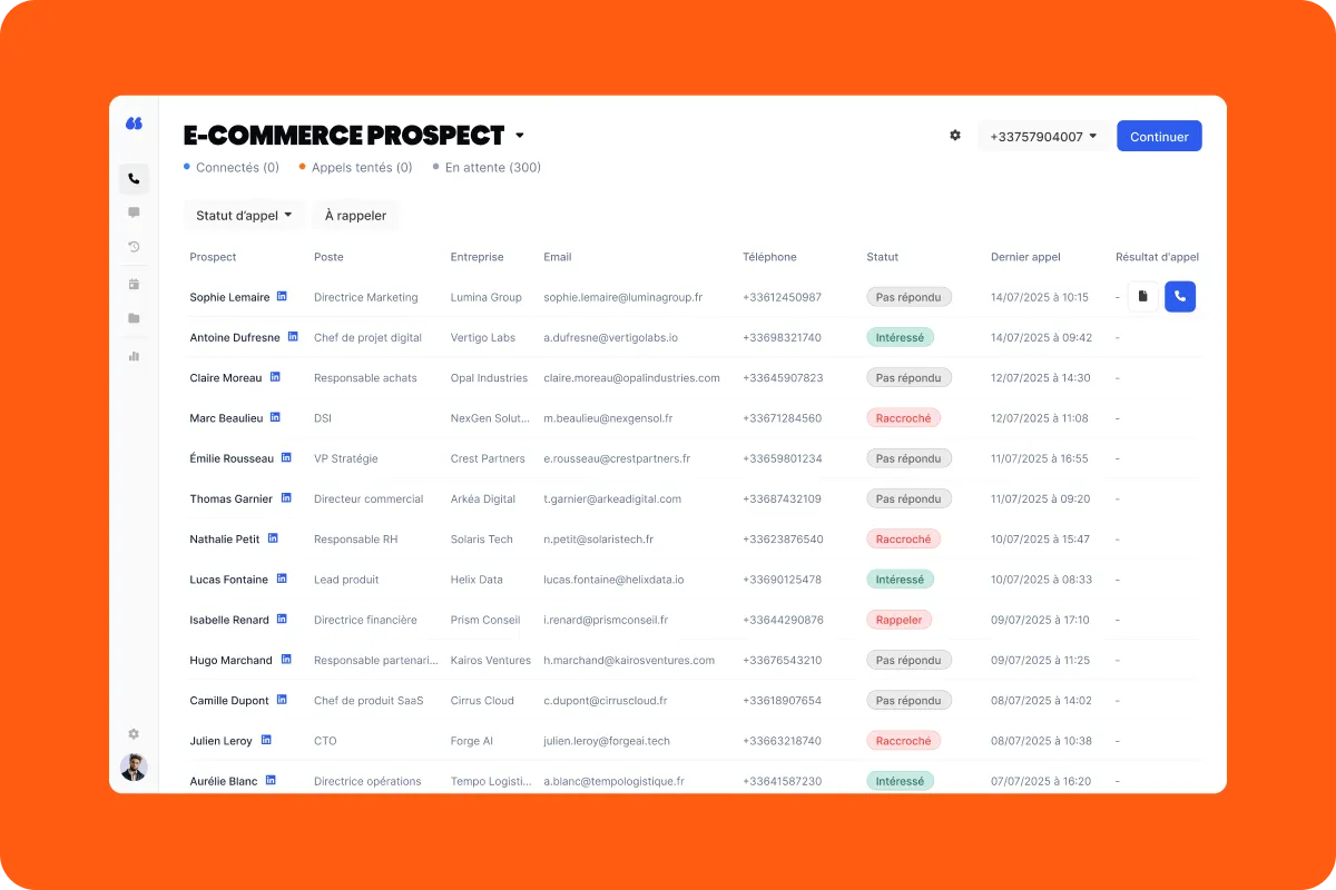 Liste de prospects d'une campagne d'appels dans Flunter
