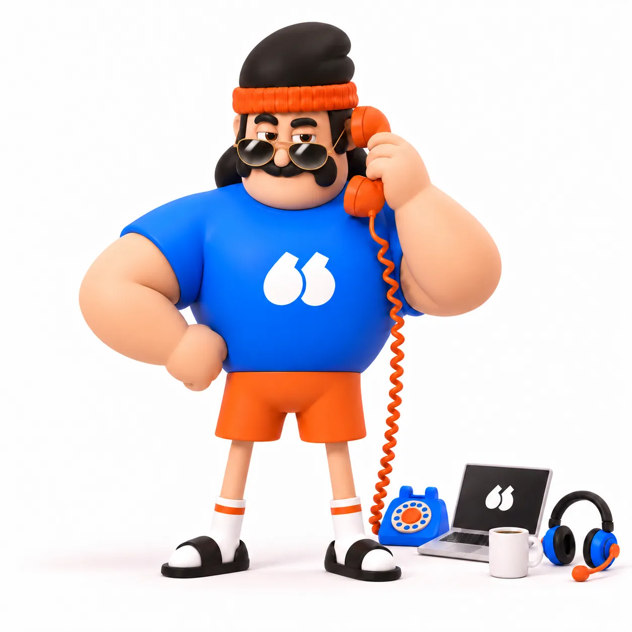 Flunter mascot on the phone, wearing aviator glasses, looking confident