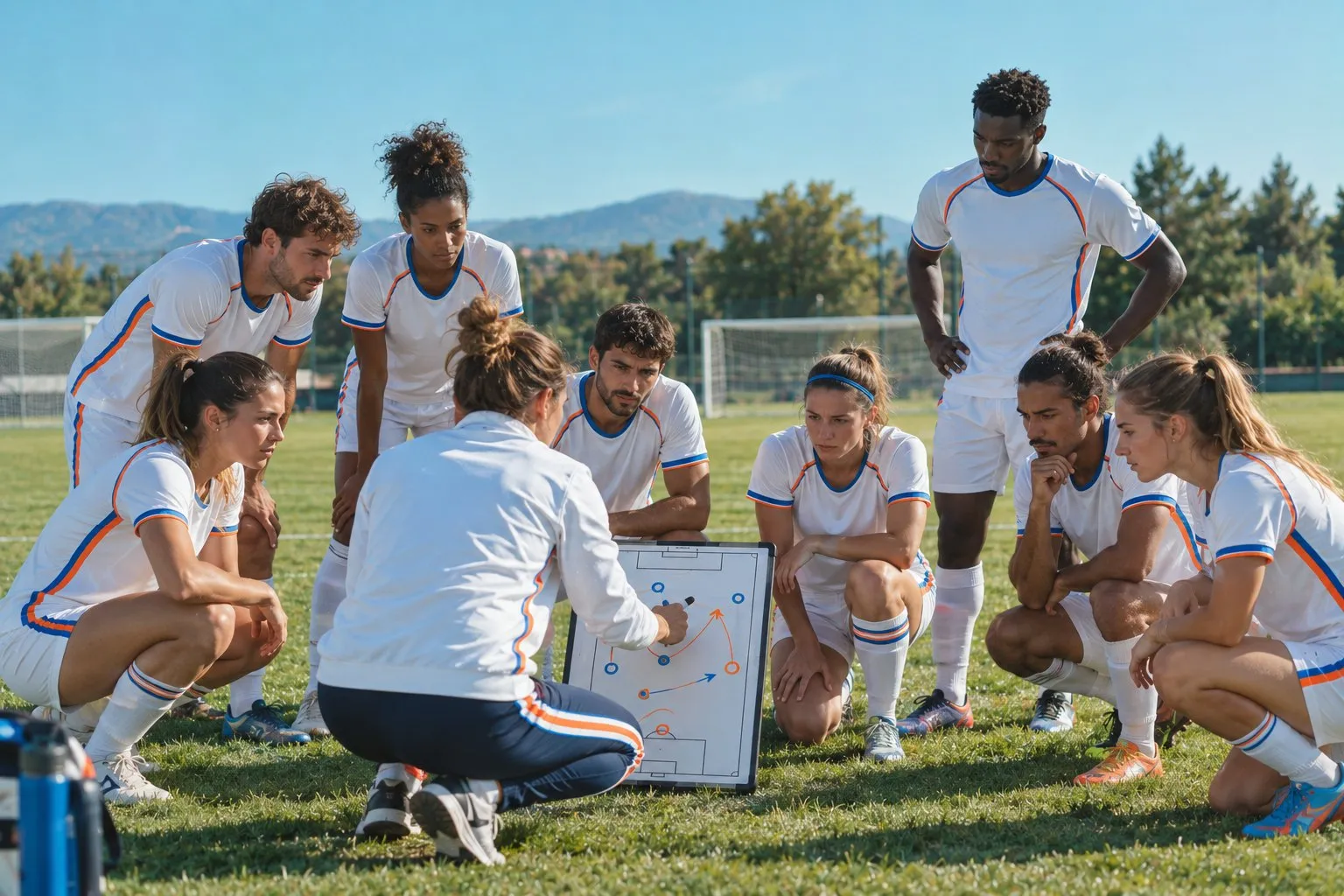 Entraîneur de football qui dessine une tactique devant son équipe