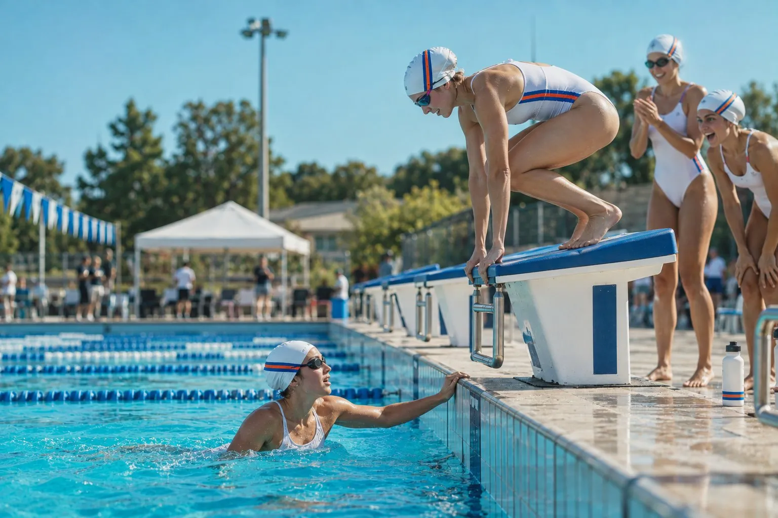 Relais de natation : une nageuse touche le mur pendant que la suivante s'apprête à plonger depuis le plot