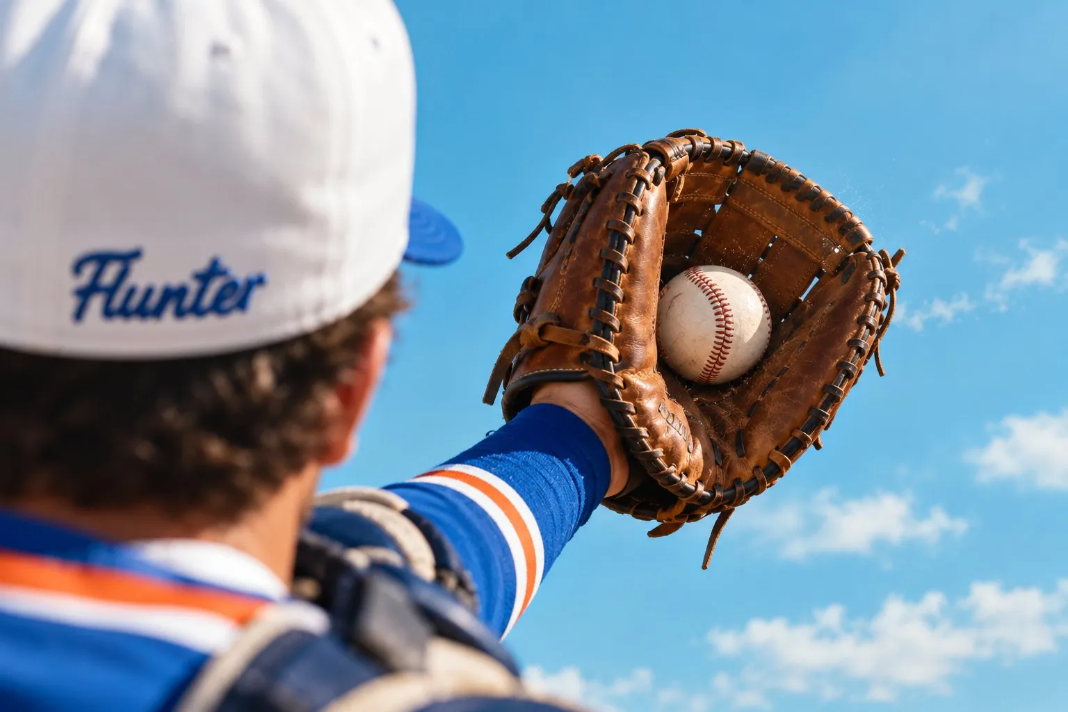 Gant de receveur qui attrape la balle, casquette Flunter au premier plan