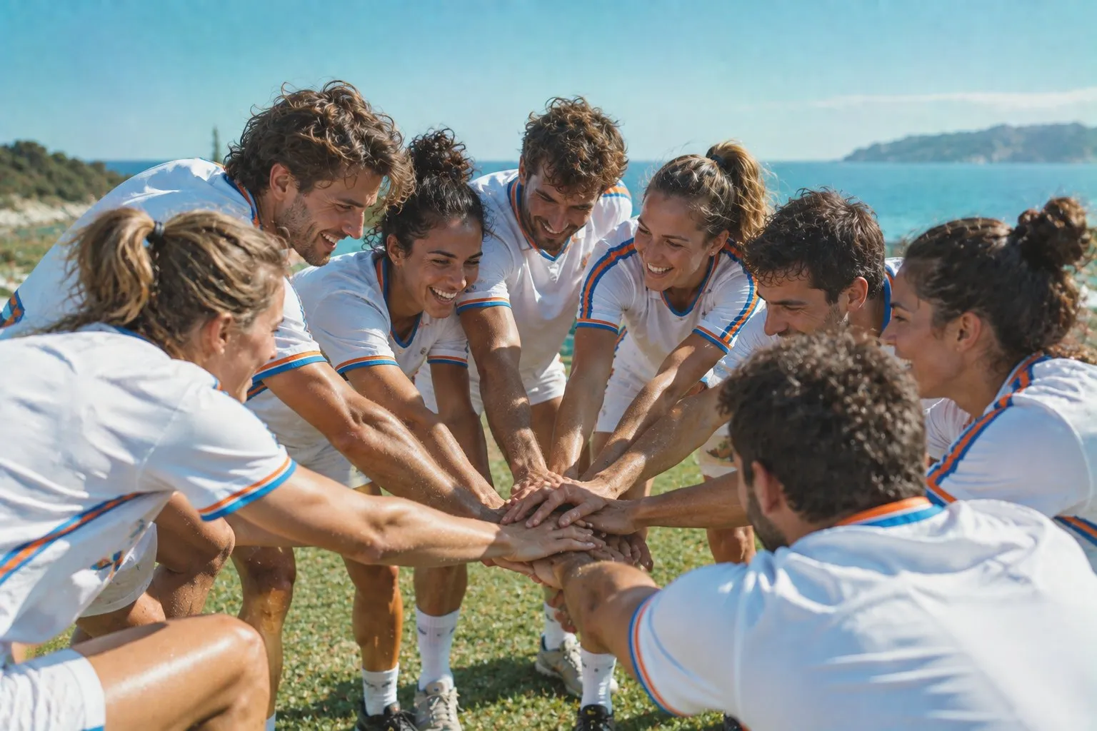 Team in a huddle with hands stacked in the middle