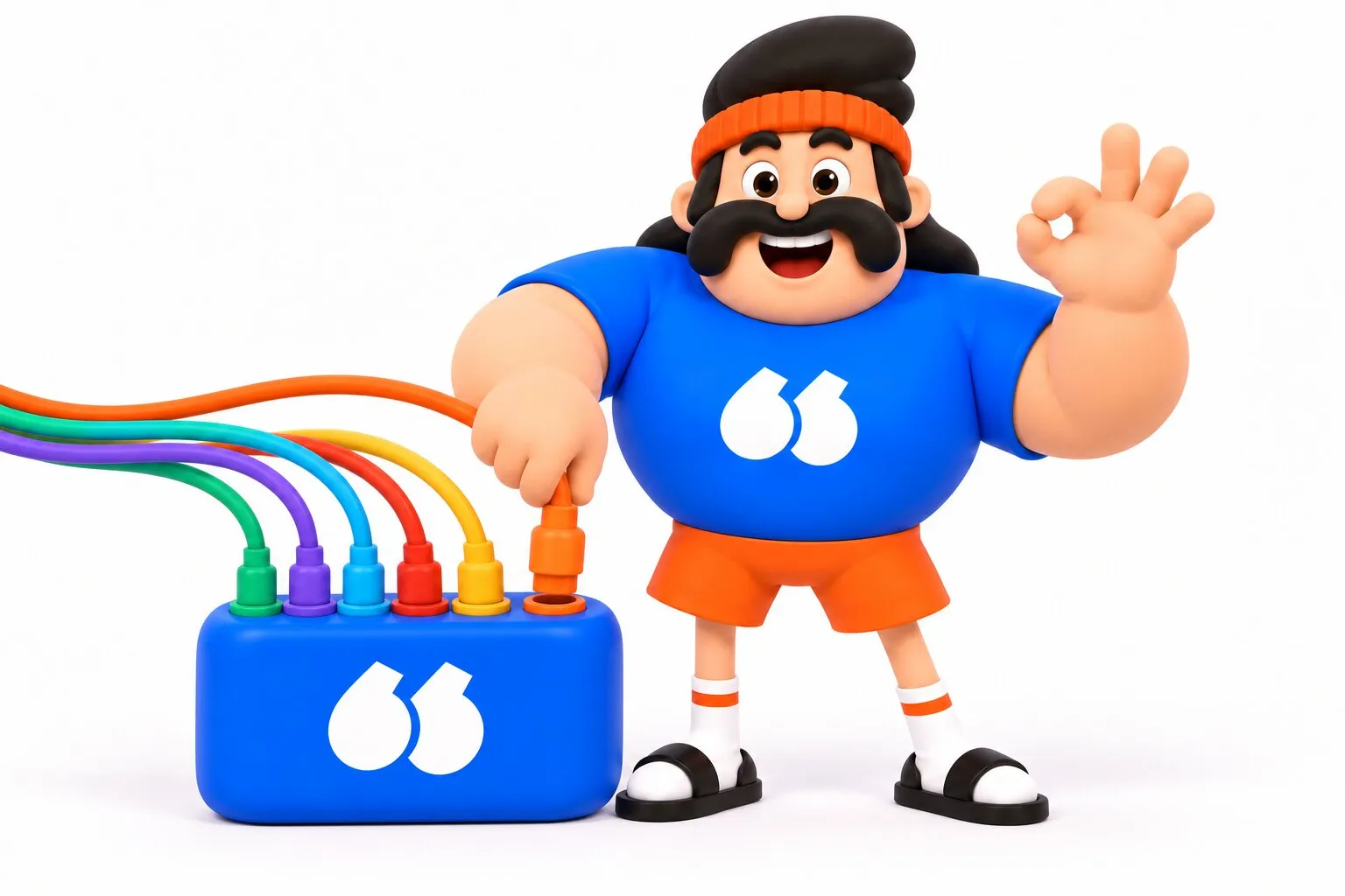 The Flunter mascot plugs the last cable into a Flunter hub connected to six cables