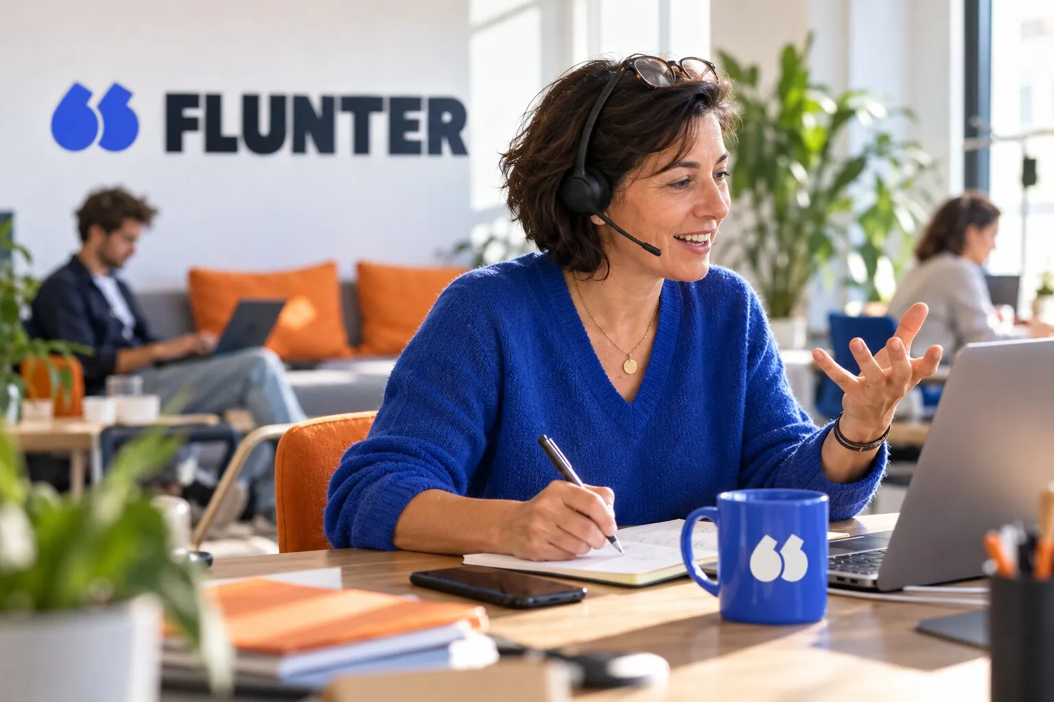 Une consultante indépendante au casque en plein appel dans un espace de coworking