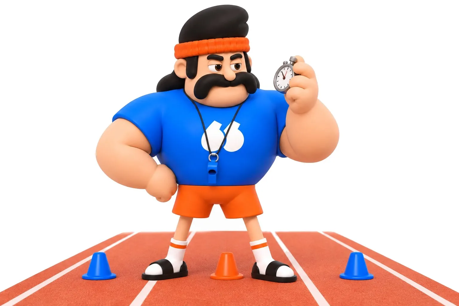 Mascotte Flunter en entraîneur d'athlétisme, chronomètre en main