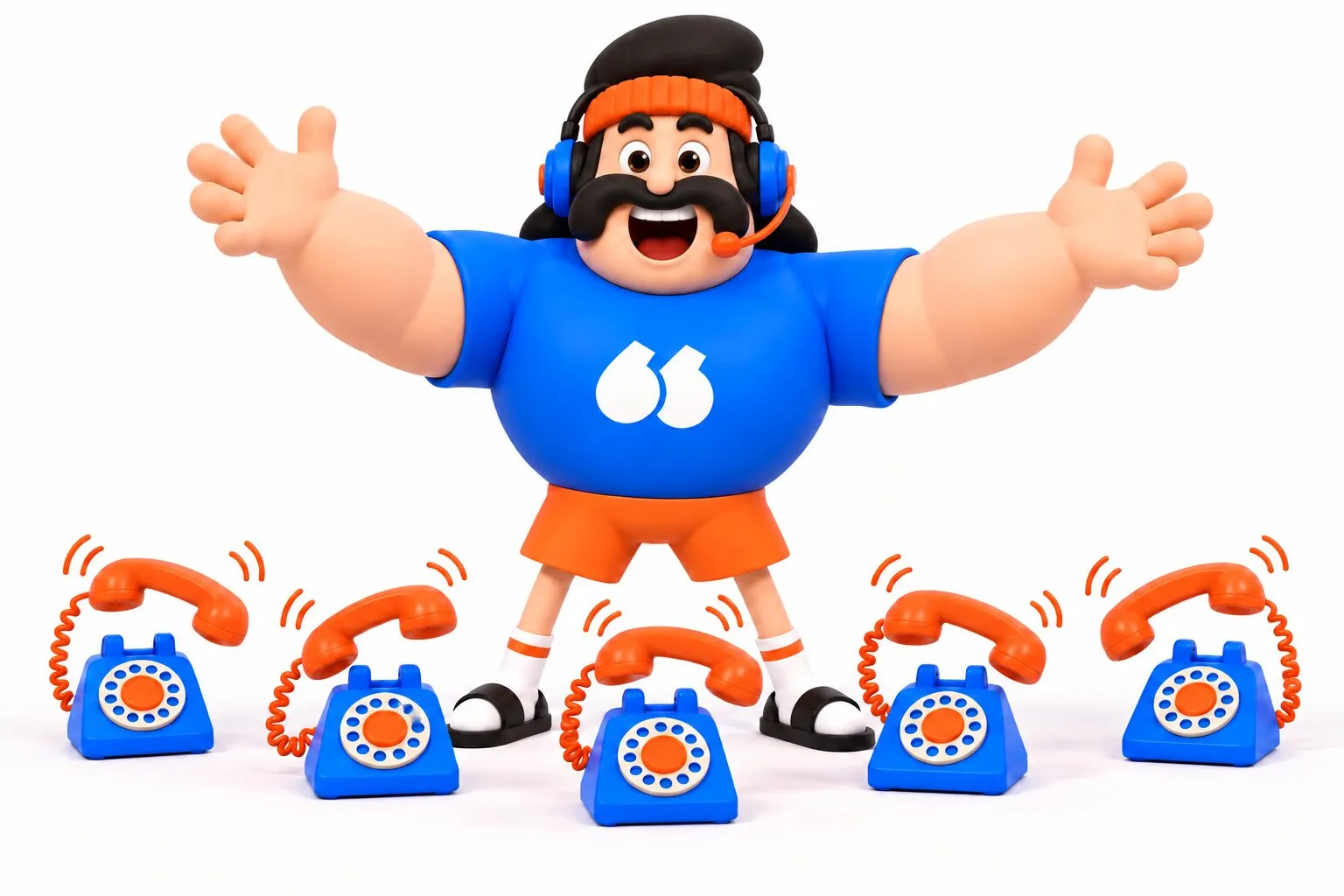 Mascotte Flunter au casque qui dirige cinq téléphones qui sonnent en même temps