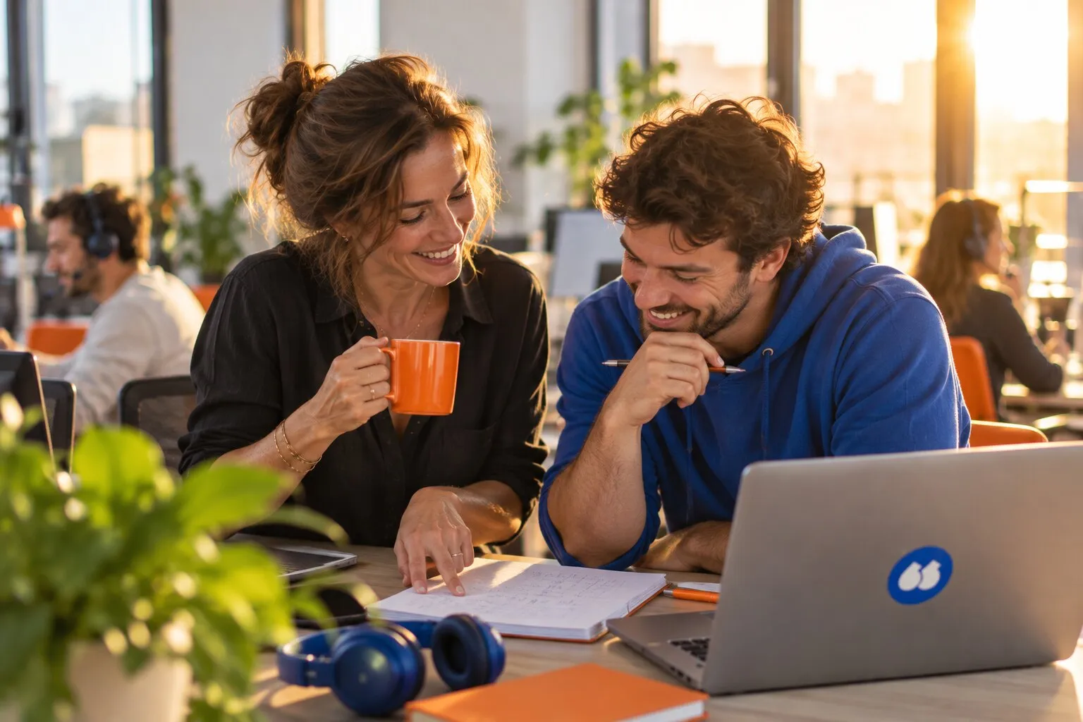Une responsable commerciale et un commercial font le point sur une bonne journée d'appels