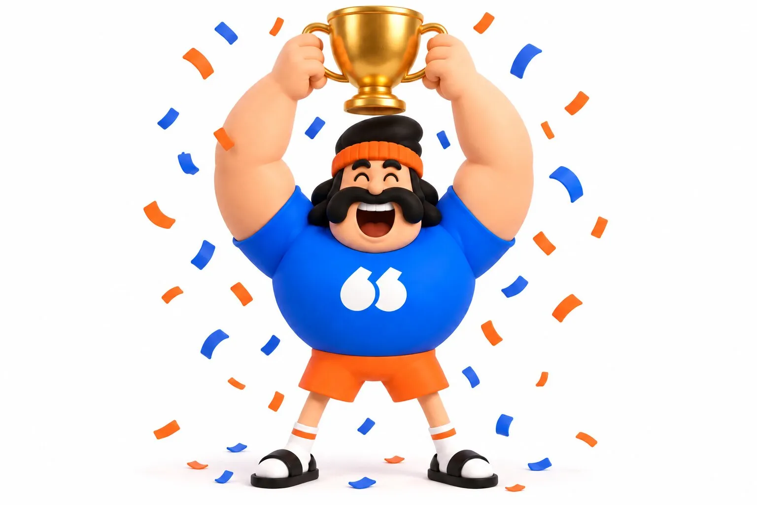 La mascotte Flunter brandit un trophée doré sous une pluie de confettis bleus et orange