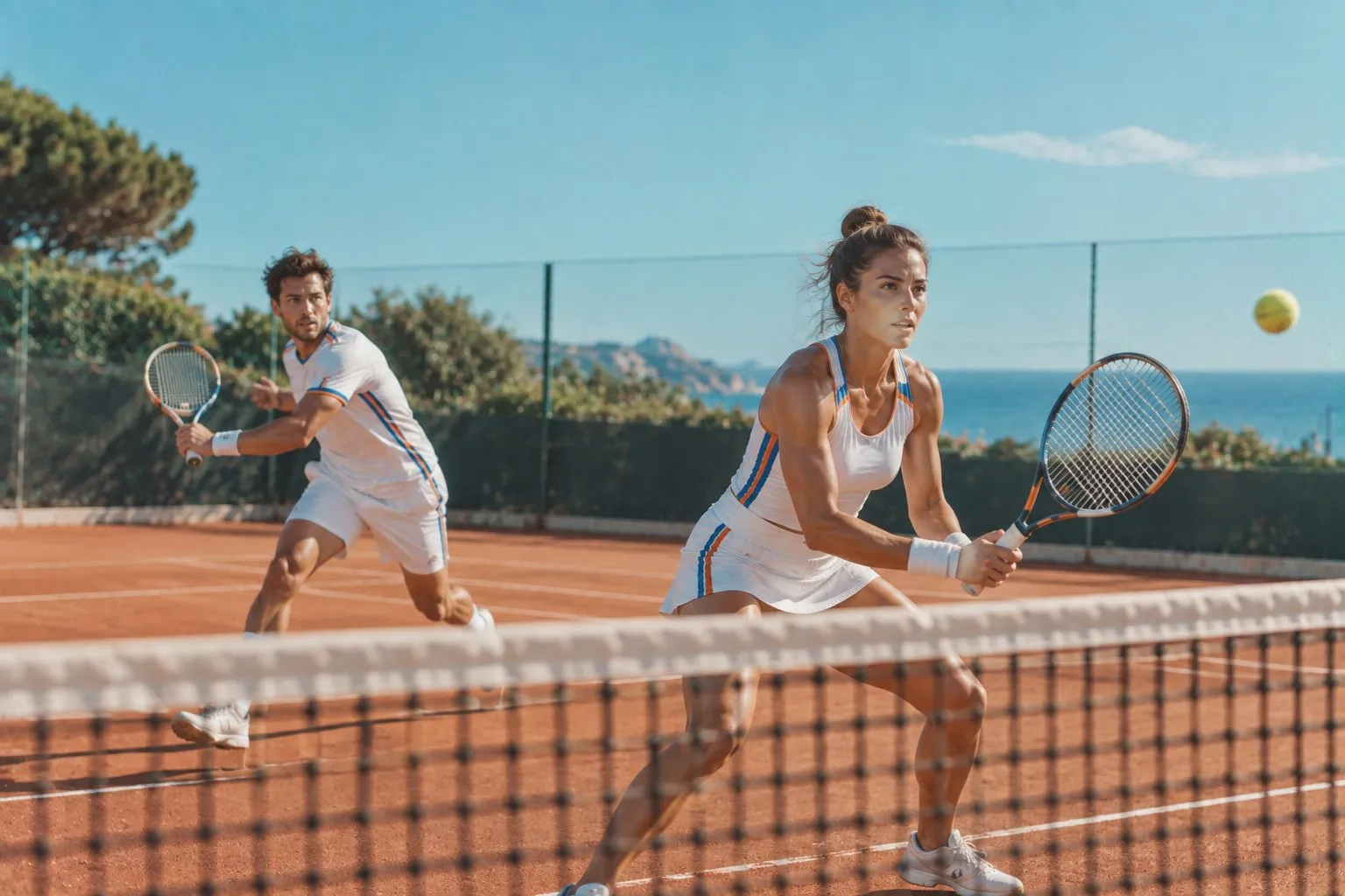 Tennis doubles partners covering the net