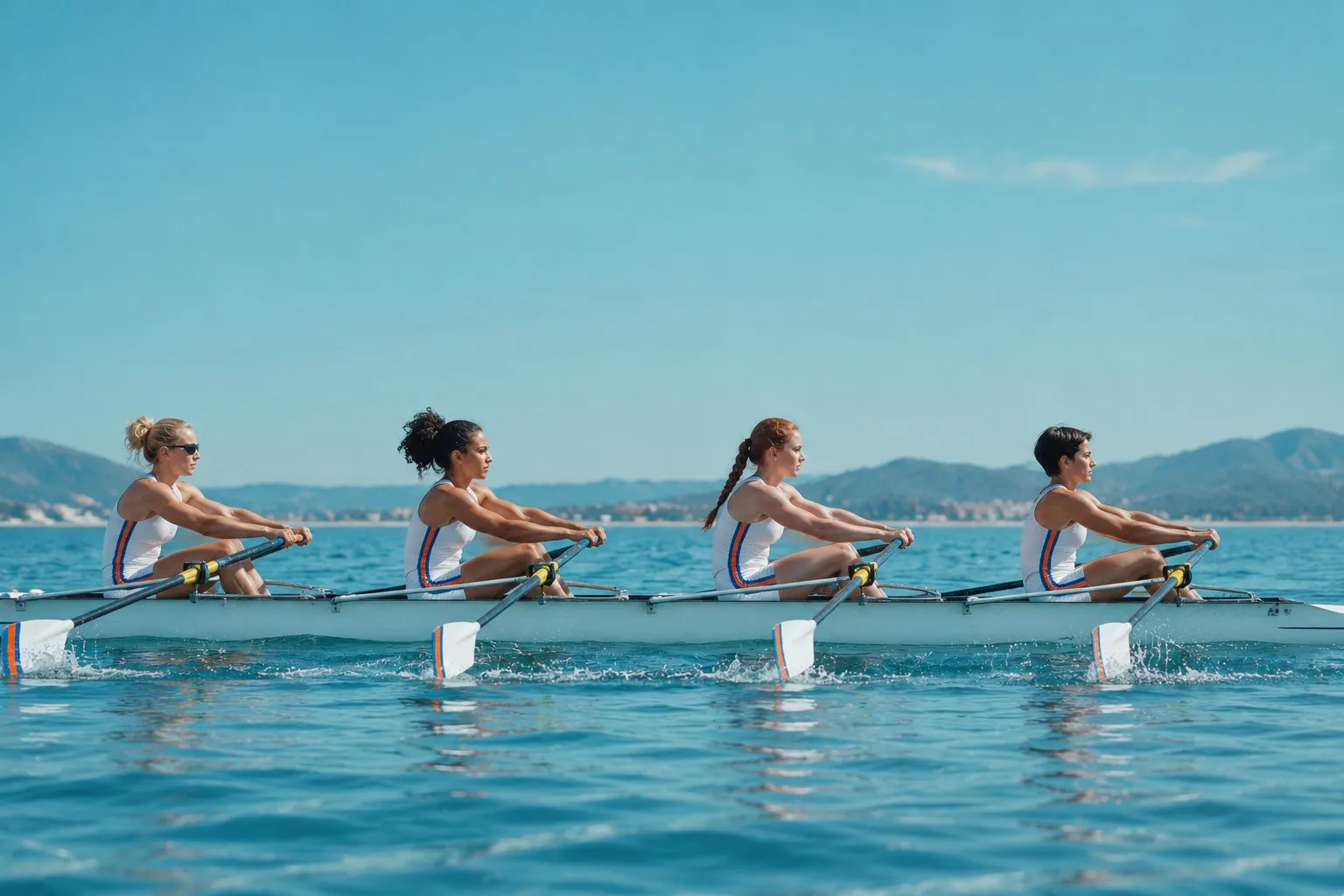Quatre d'aviron qui rame parfaitement synchronisé