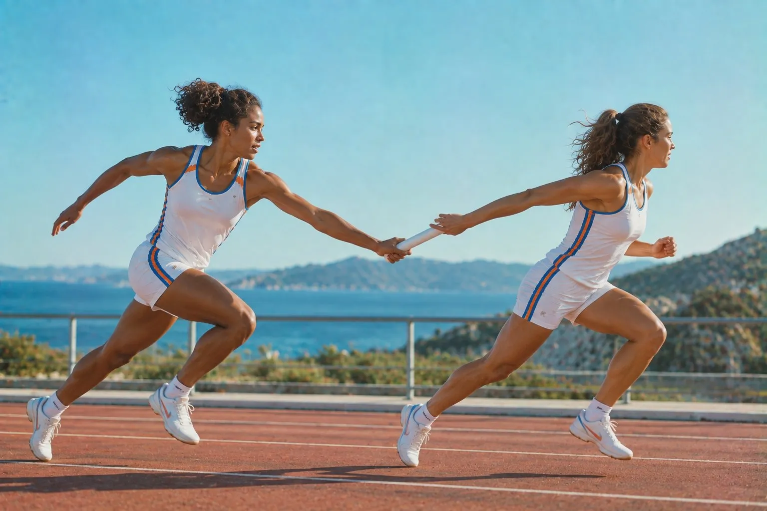 Two relay runners passing the baton