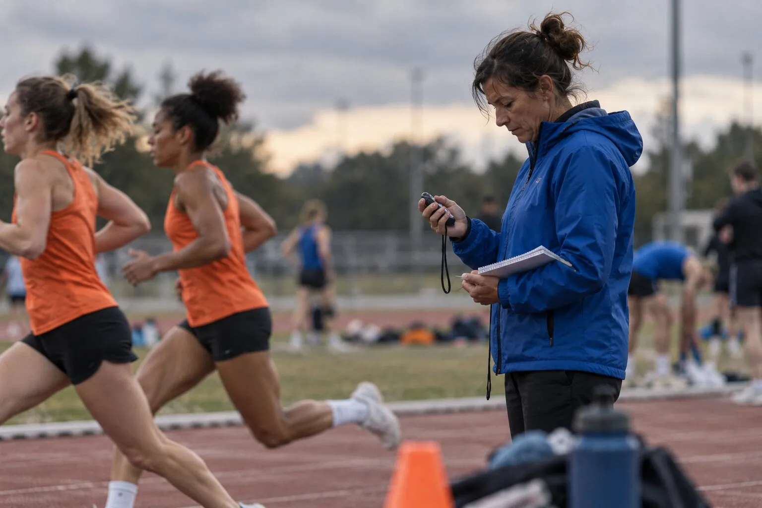 Entraîneuse qui note un temps au chronomètre au bord de la piste pendant que deux coureuses passent