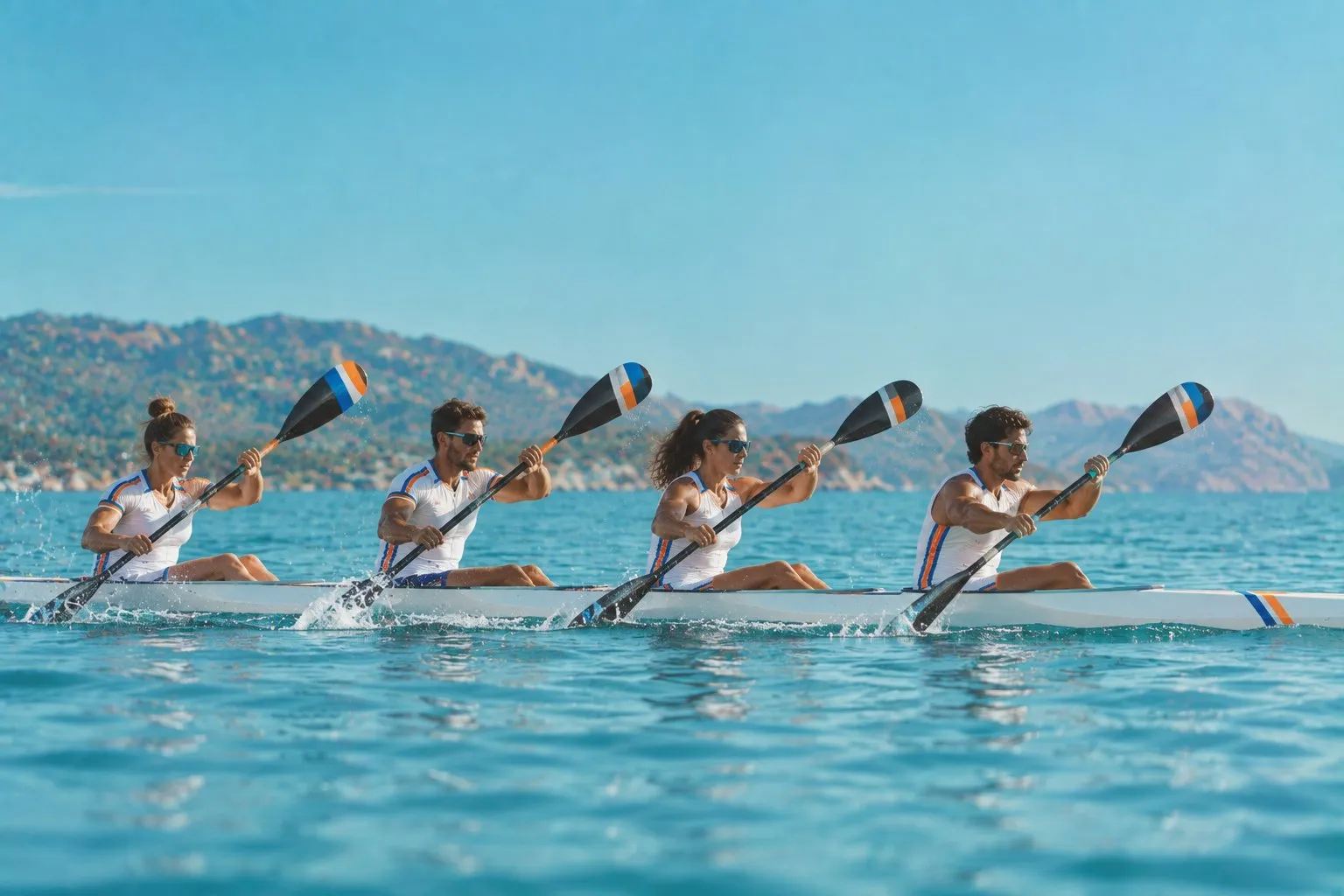 Équipage de kayak qui pagaie en rythme