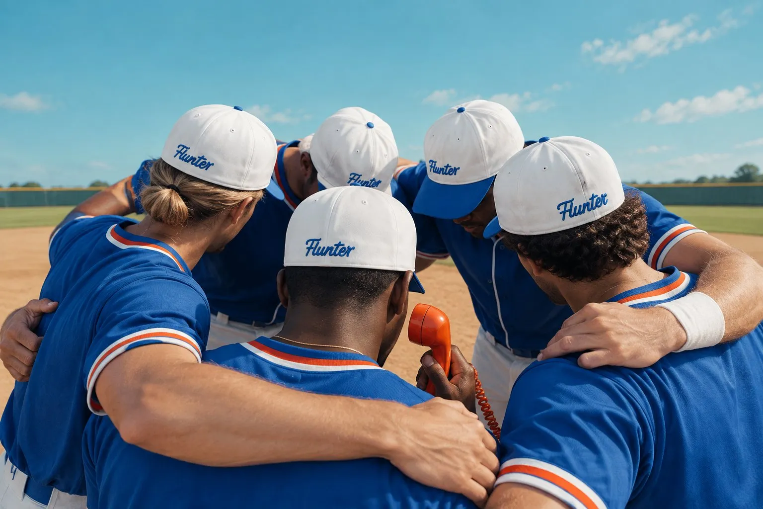 Équipe commerciale en casquettes Flunter réunie en cercle sur un terrain de baseball