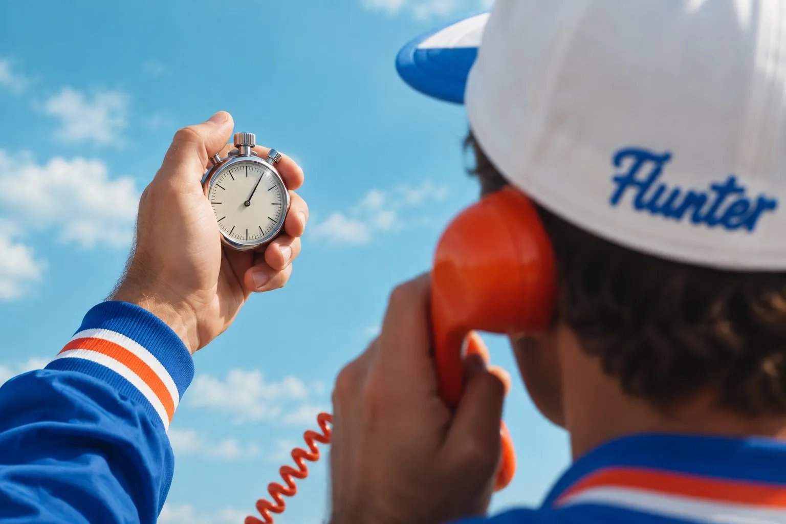 Chronomètre tenu face au ciel bleu, sous une casquette Flunter
