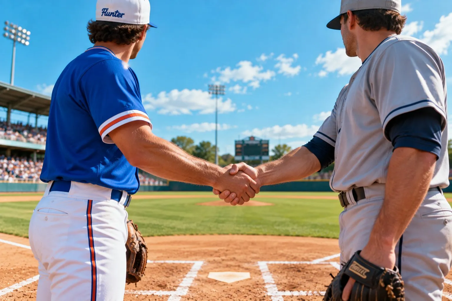 Handshake between players of two teams at home plate