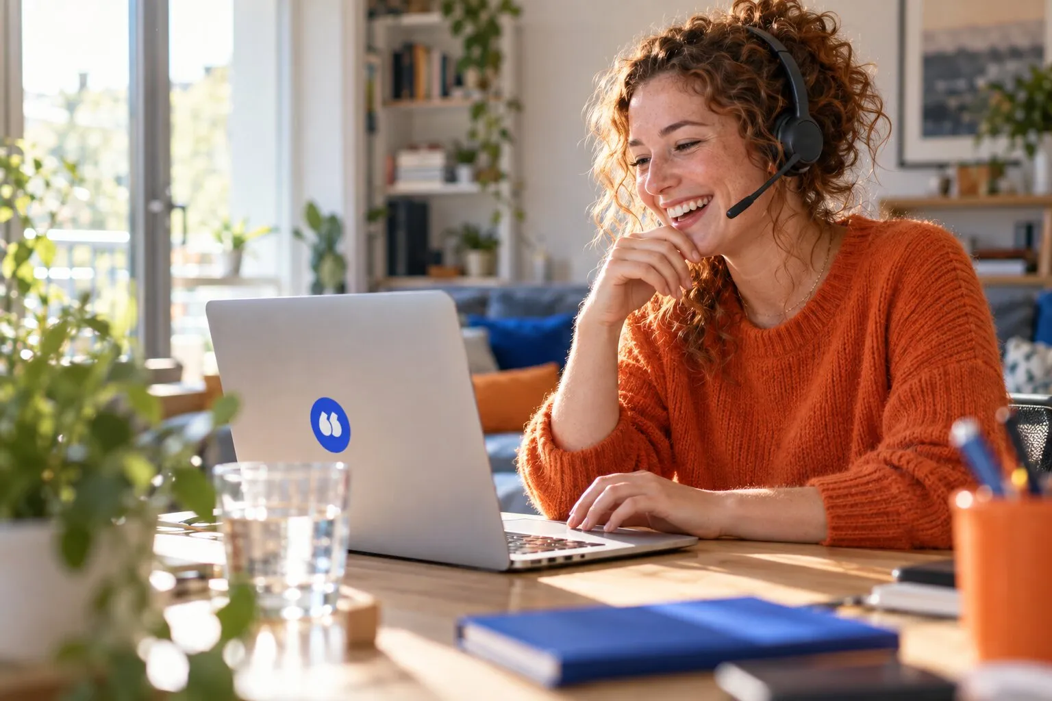 Une commerciale en télétravail rit pendant un appel, ordinateur portable avec un autocollant Flunter