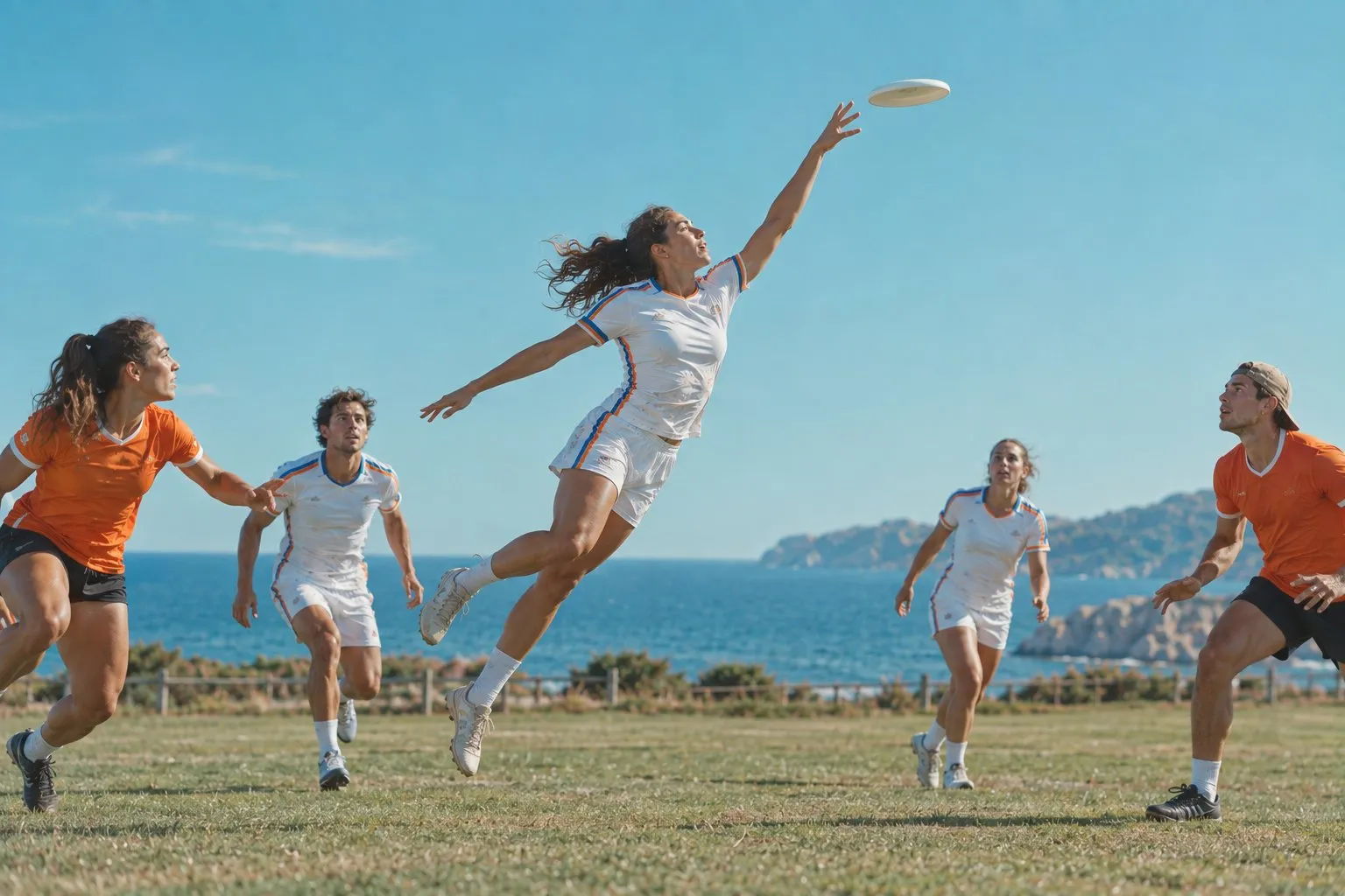 Réception d'un frisbee en pleine extension