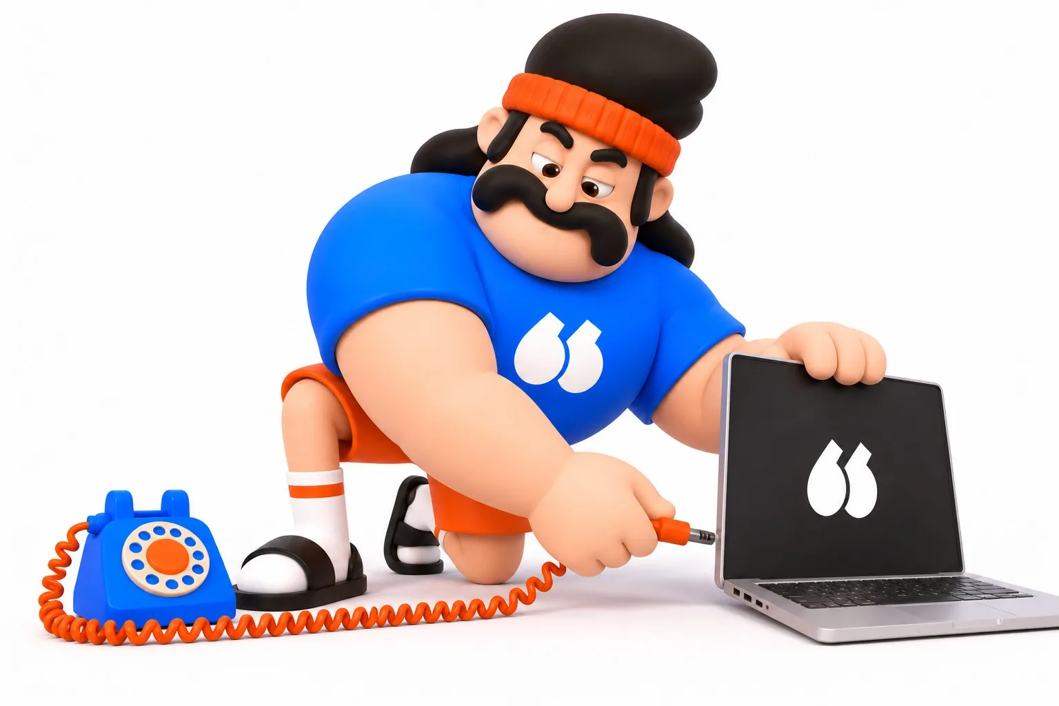 Mascotte Flunter qui branche le téléphone sur l'ordinateur