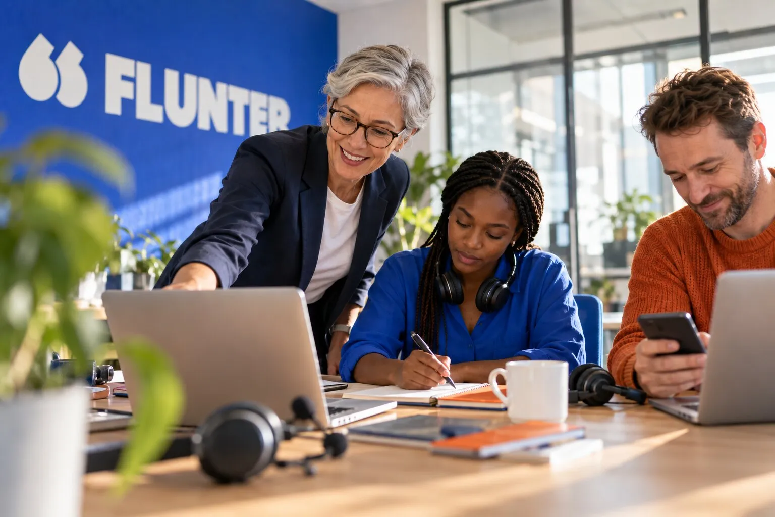 A sales team compares cold calling software in the Flunter office