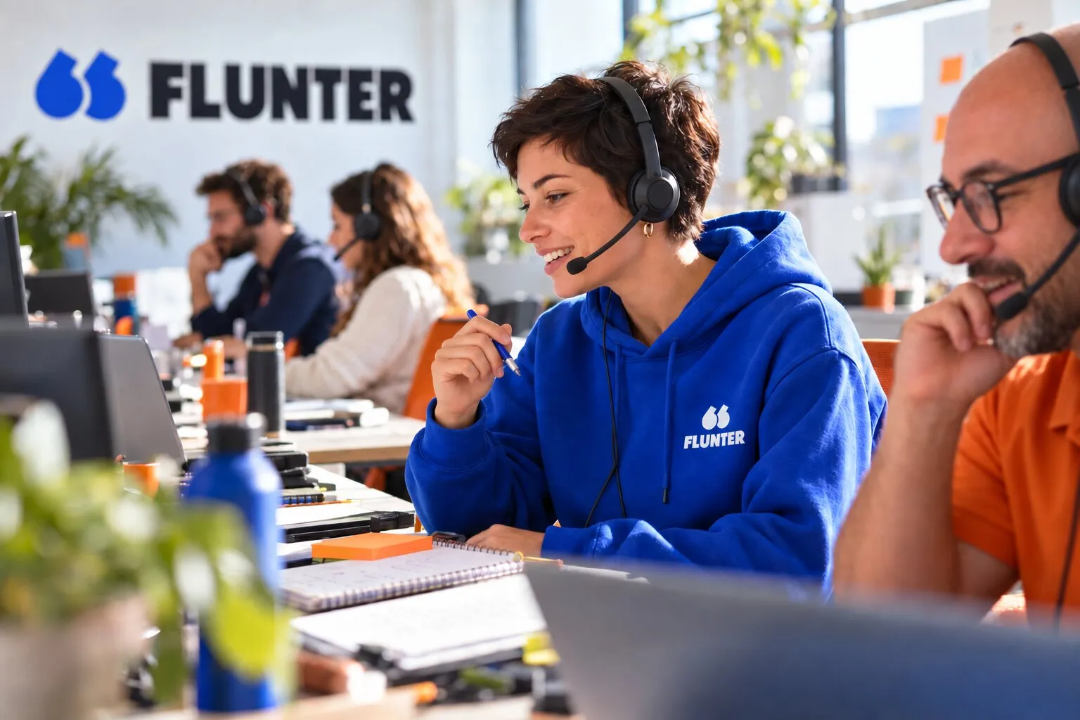 A sales rep in a Flunter hoodie smiles during a call in a prospecting session with her team