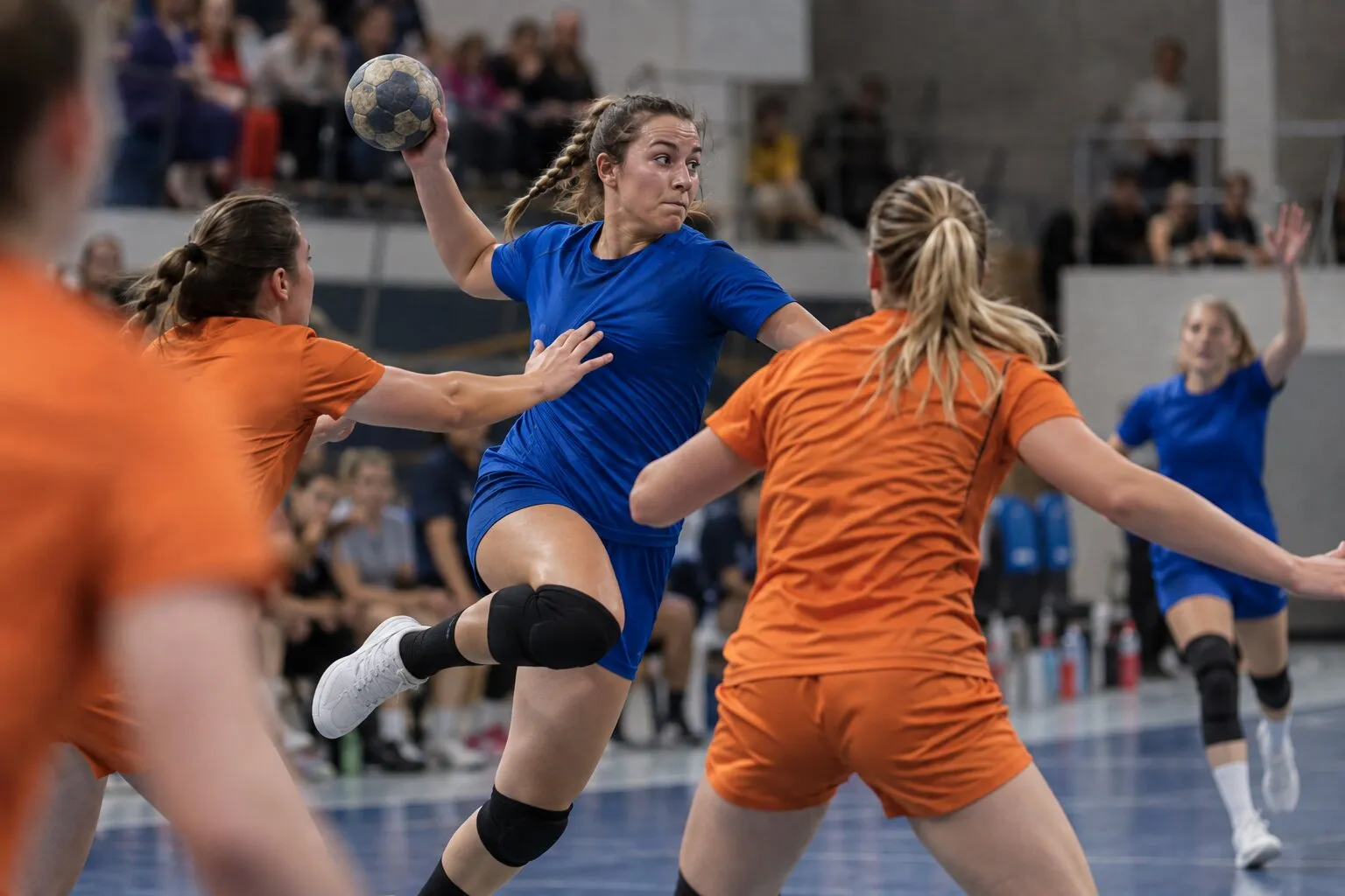 Handballeuse en pleine suspension qui cherche une coéquipière démarquée derrière deux défenseuses