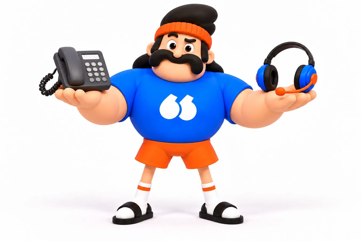 The Flunter mascot holds a desk phone in one hand and a call-center headset in the other