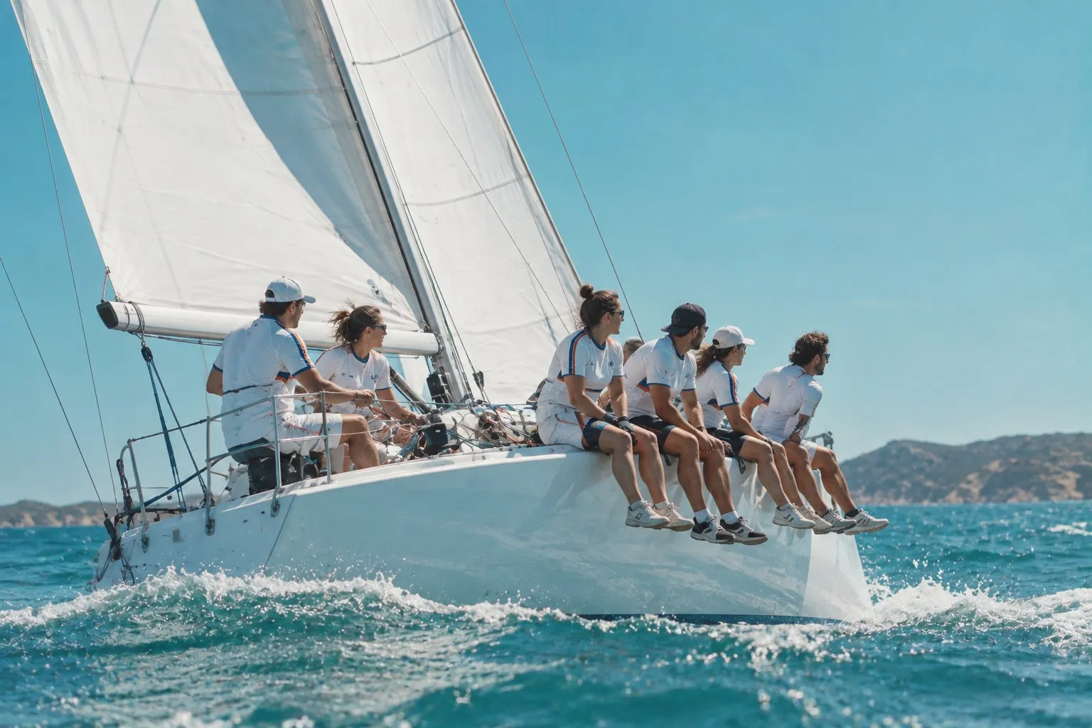Équipage de voilier au rappel sur l'eau turquoise