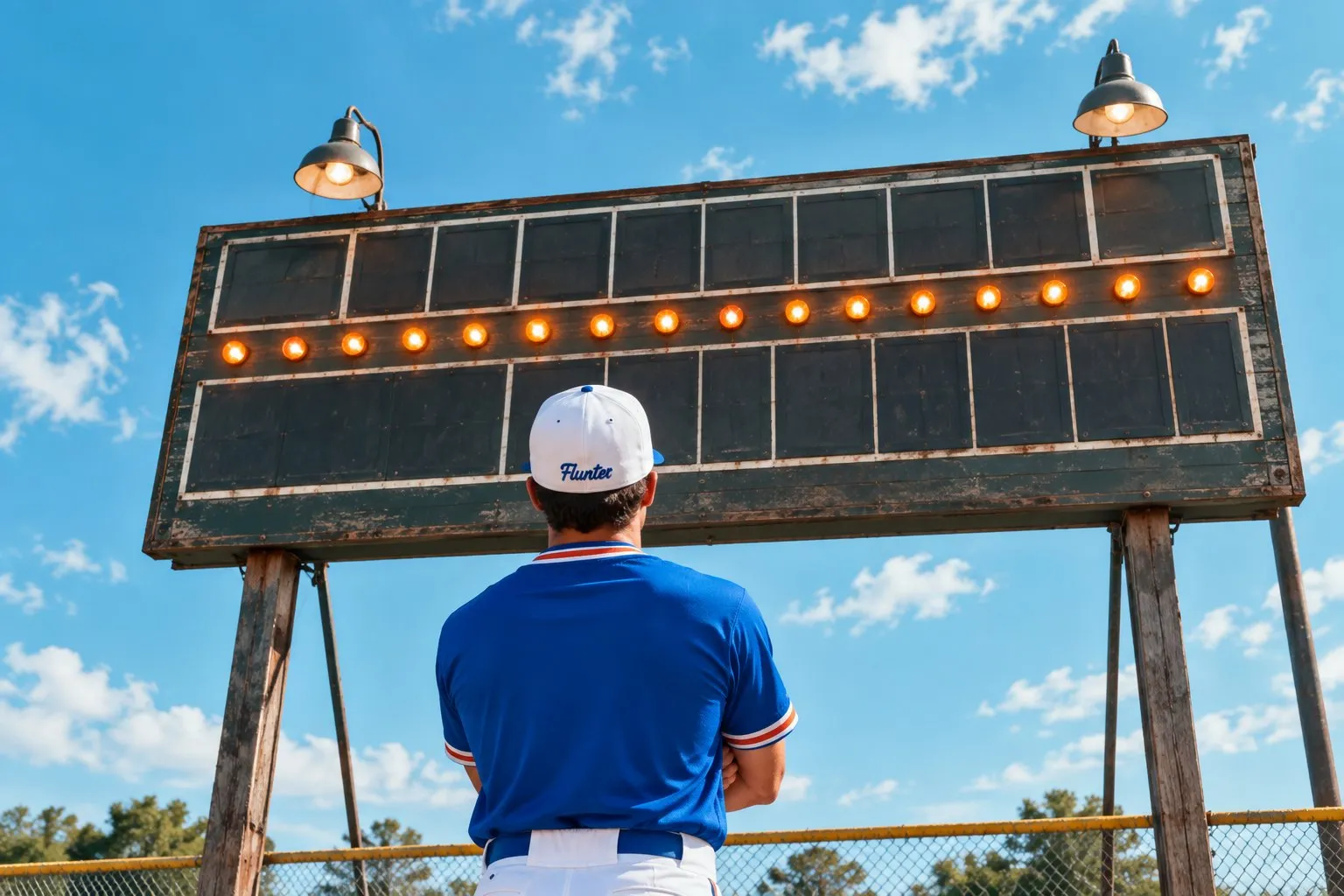 Joueur Flunter sous un tableau de score rétro illuminé