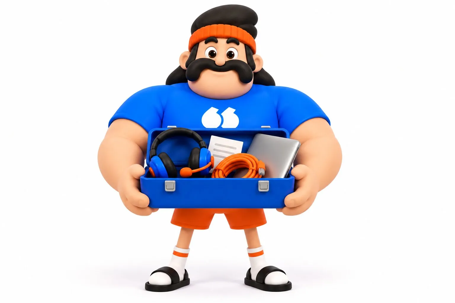 La mascotte Flunter présente une boîte à outils avec casque, résumé d'appel, câble et ordinateur
