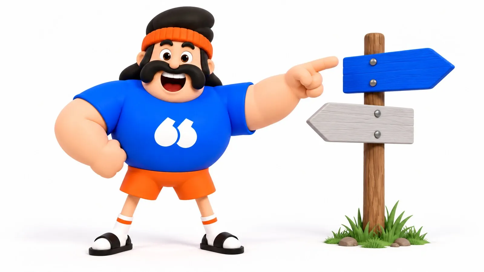 La mascotte Flunter montre la flèche bleue d'un panneau à deux directions