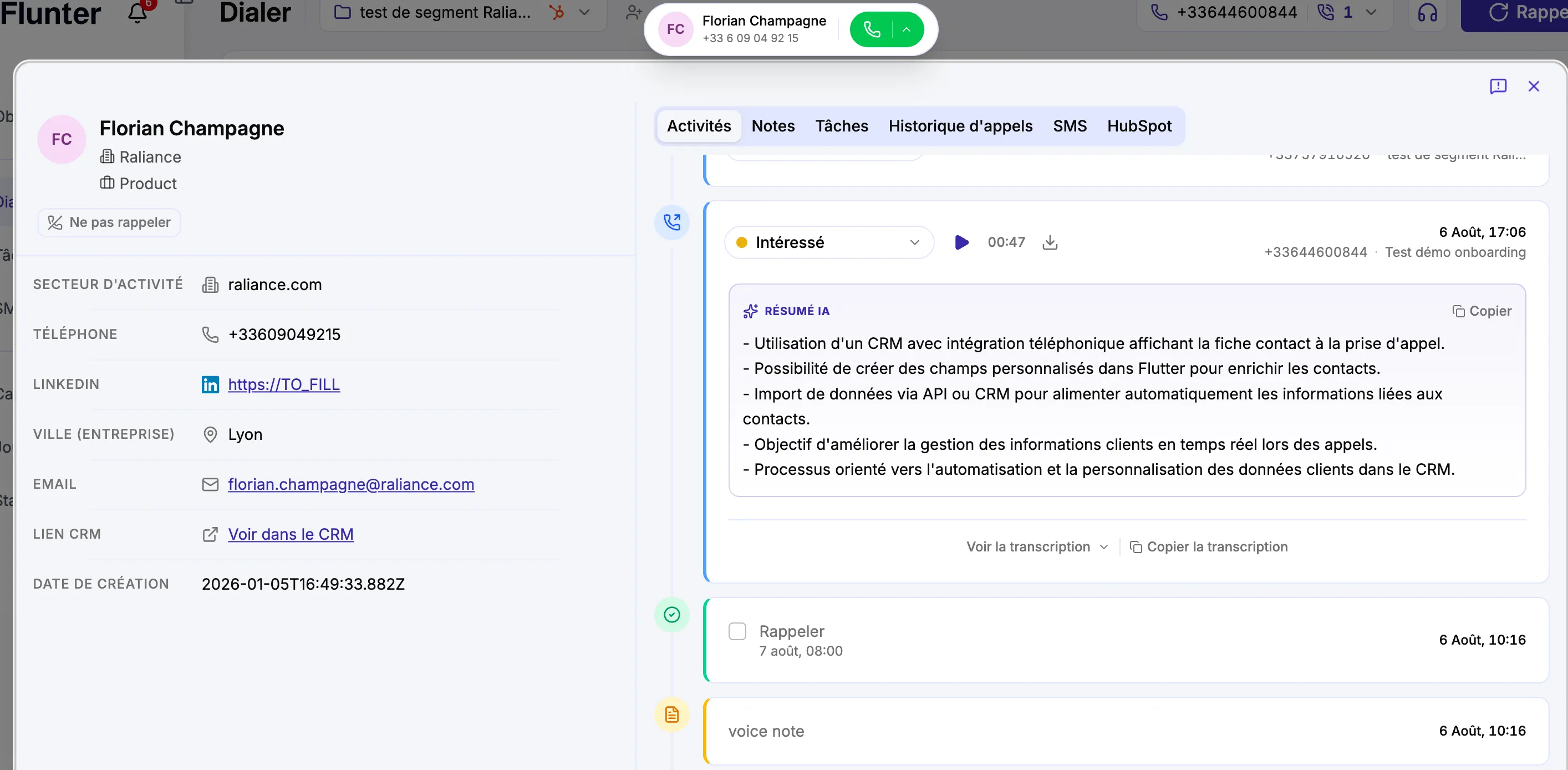 Fiche contact Flunter avec historique d'appels et résumé IA