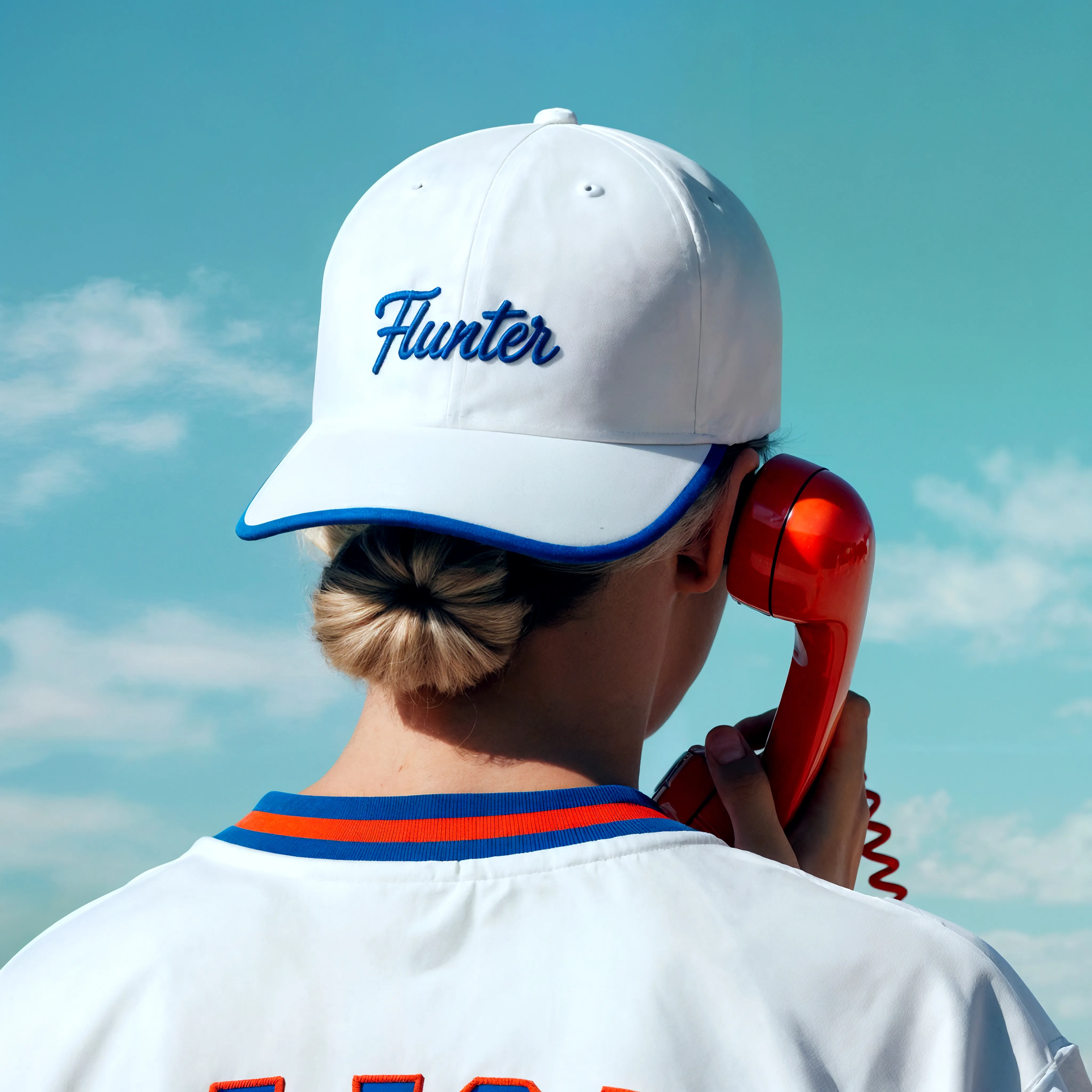 Commerciale de dos avec une casquette Flunter, au téléphone